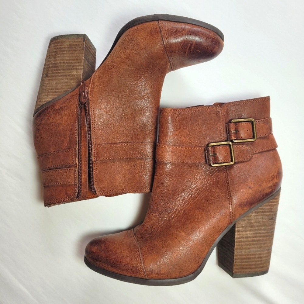 Lucky Brand Laureen Brown Leather Heeled Ankle Booties Side Zipper Size 10 M